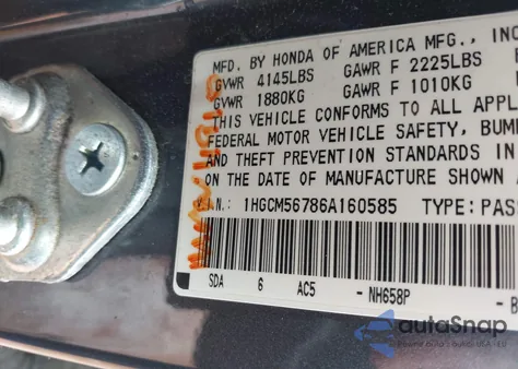 2006 Honda Accord 2.4 Ex from USA, damaged, VIN 1HGCM56786A160585